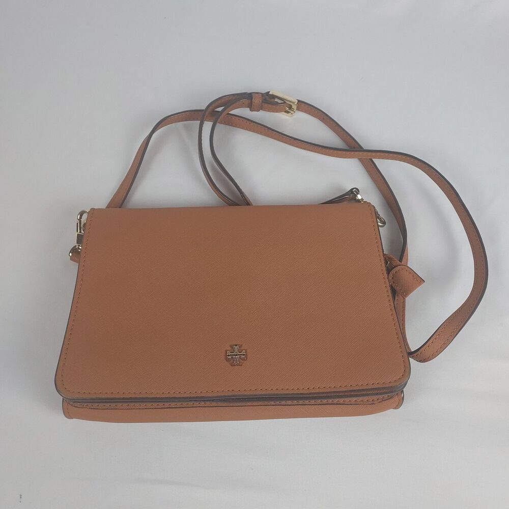 Tory Burch Emerson Saffiano Leather Crossbody Bag Camel Gold Hardware